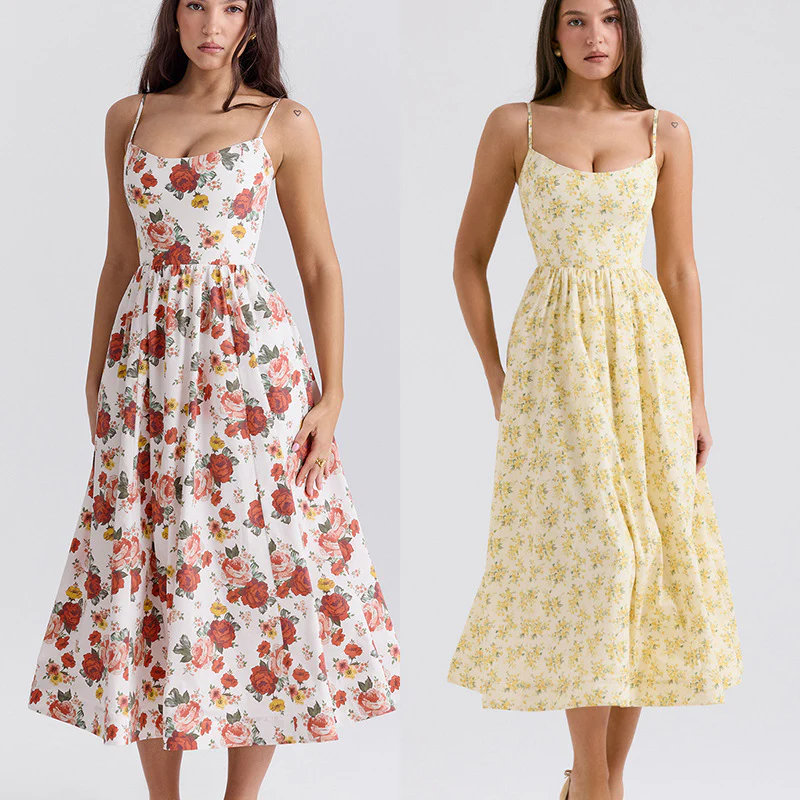 Damen Midi-Kleid mit elegantem Blumenmuster und zartem Taillenzug Heidi-Mode - Image 2