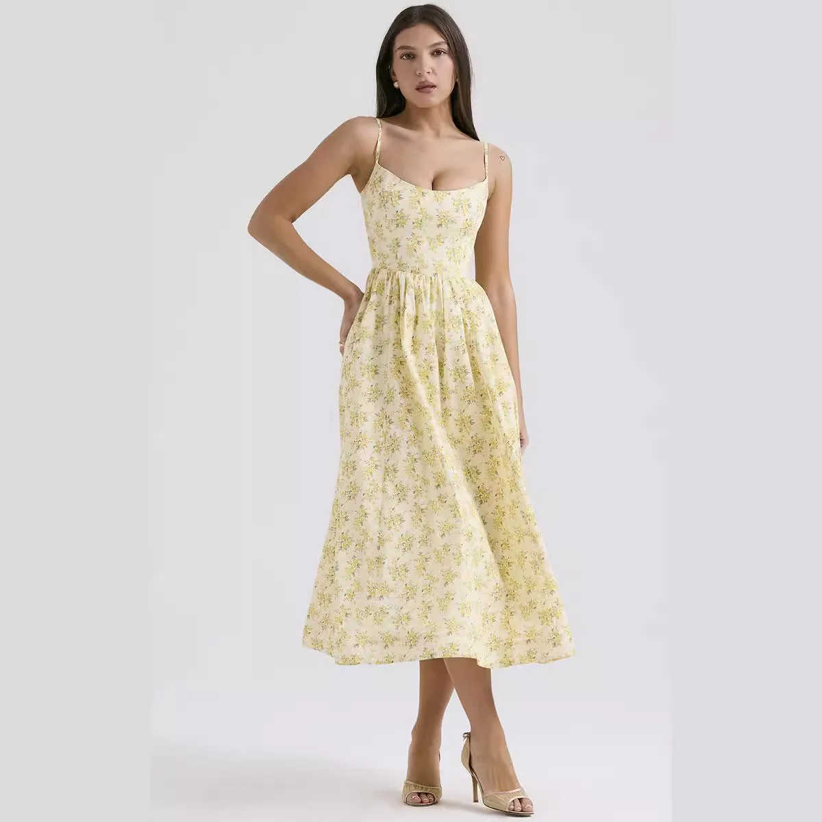 Damen Midi-Kleid mit elegantem Blumenmuster und zartem Taillenzug Heidi-Mode - Image 3