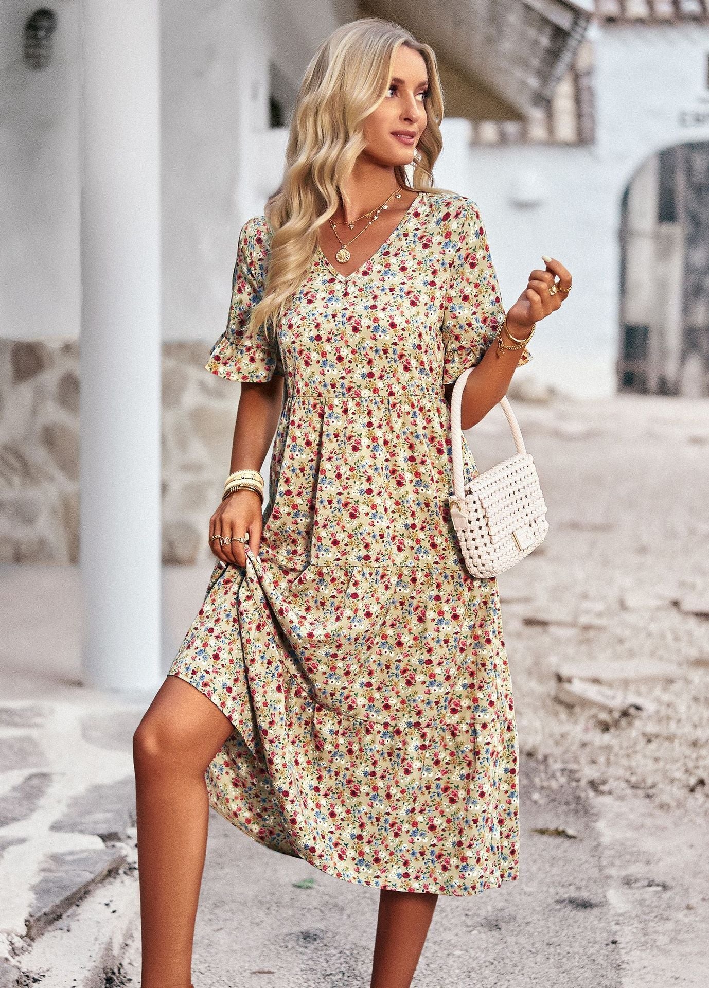 Damen Midi-Kleid mit Floralem Muster und Verspieltem V-Ausschnitt Heidi-Mode - Image 10