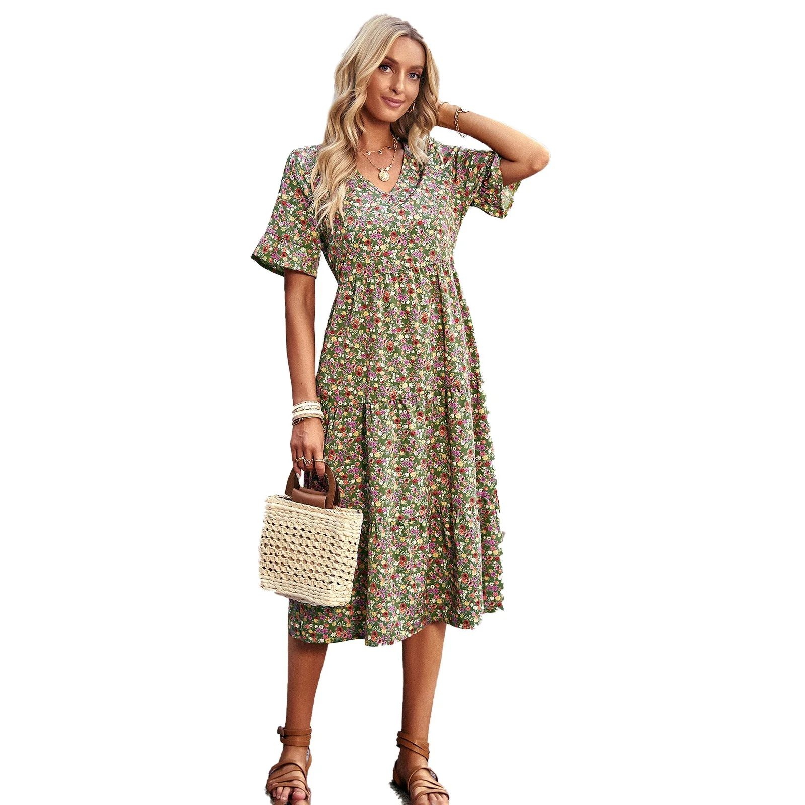 Damen Midi-Kleid mit Floralem Muster und Verspieltem V-Ausschnitt Heidi-Mode - Image 5