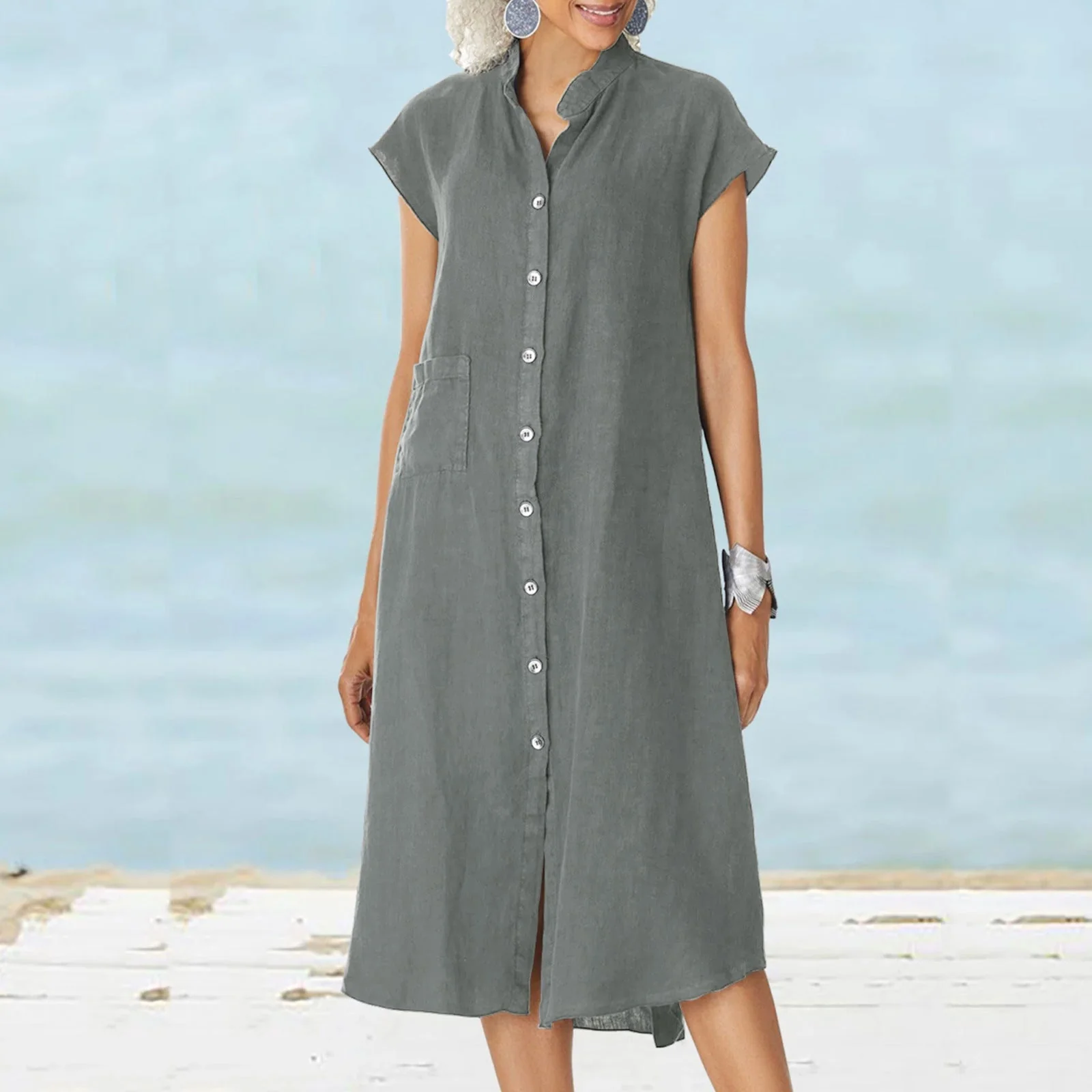 Damen Midi-Kleid mit Komfortablem Hemdkragen und Praktischen Seitentaschen Heidi-Mode - Image 3