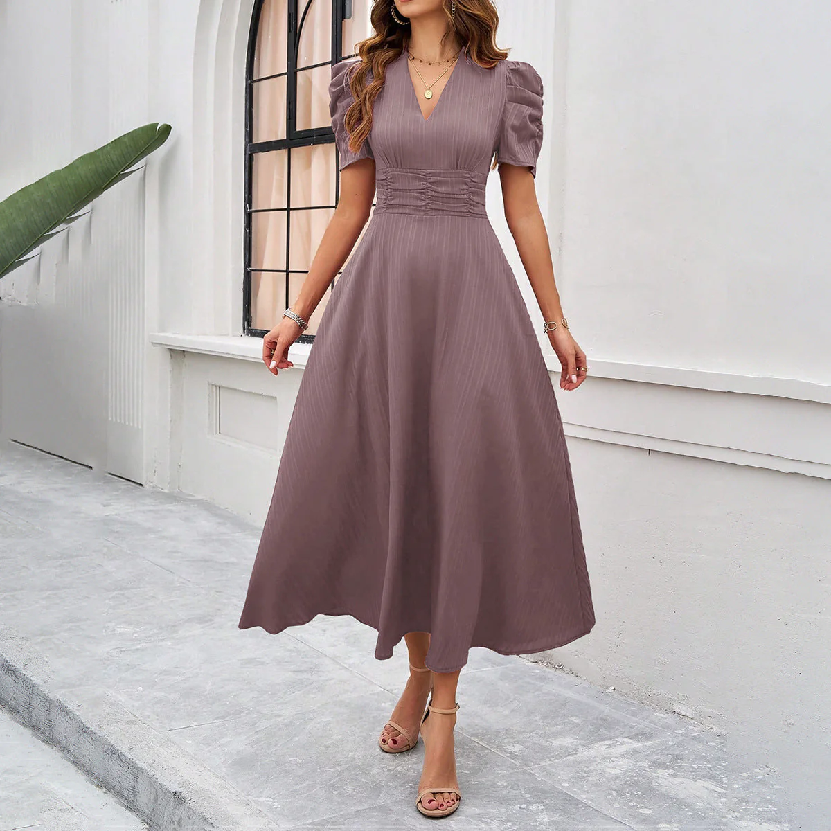 Damen Midi Kleid mit Puffärmeln und V-Ausschnitt Heidi-Mode - Image 4