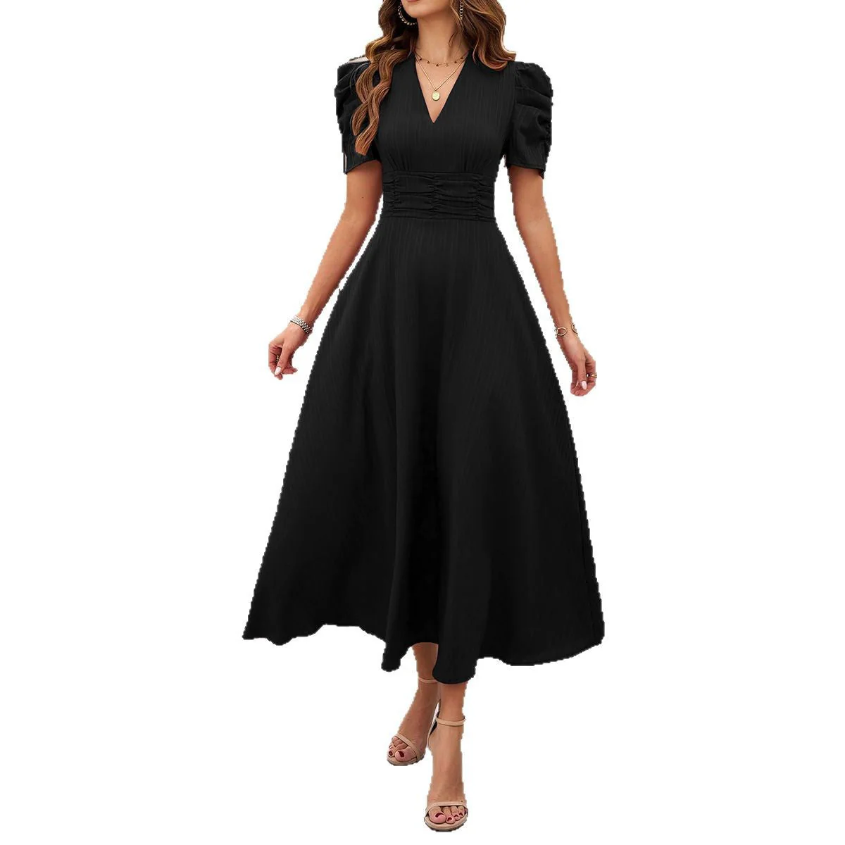 Damen Midi Kleid mit Puffärmeln und V-Ausschnitt Heidi-Mode - Image 5
