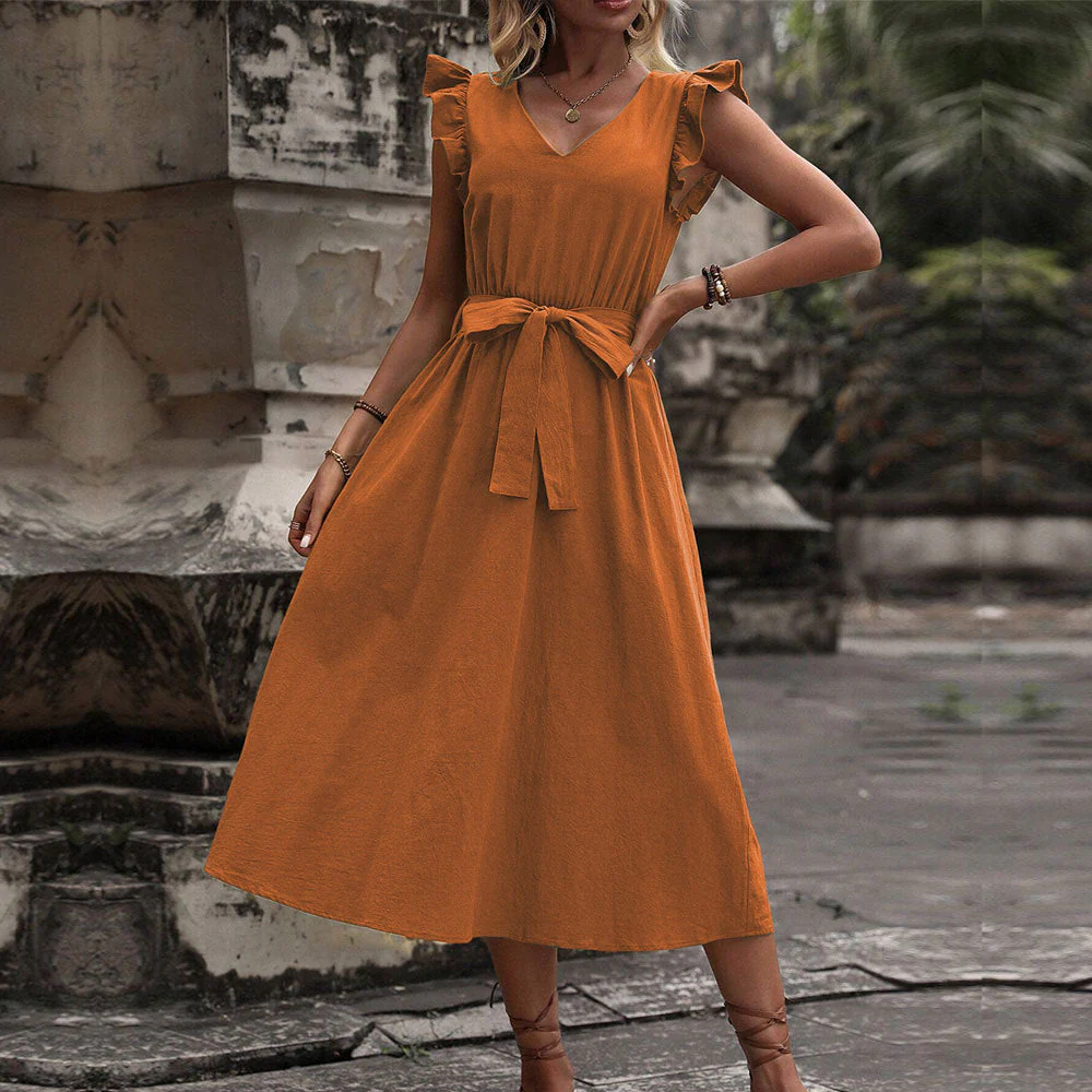 Damen Midi-Kleid mit Rüschendetails und Tailliertem Bindegürtel Heidi-Mode - Image 3
