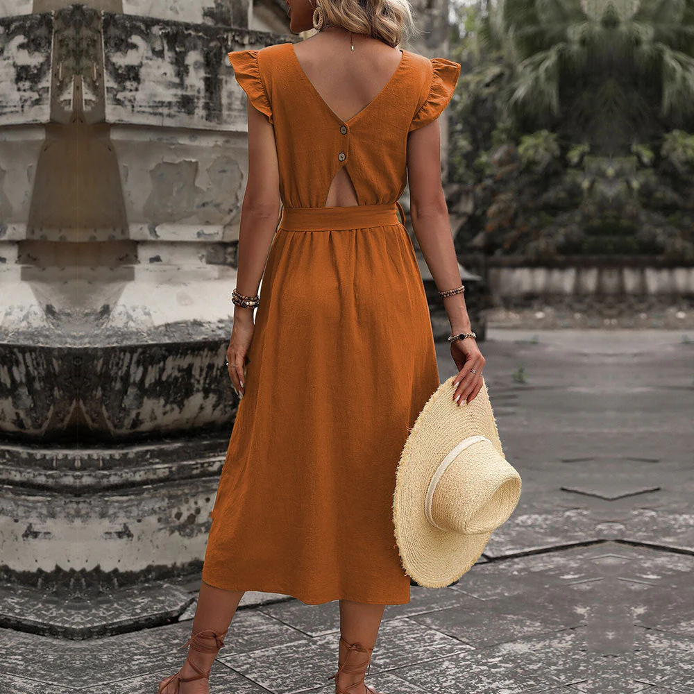 Damen Midi-Kleid mit Rüschendetails und Tailliertem Bindegürtel Heidi-Mode - Image 4