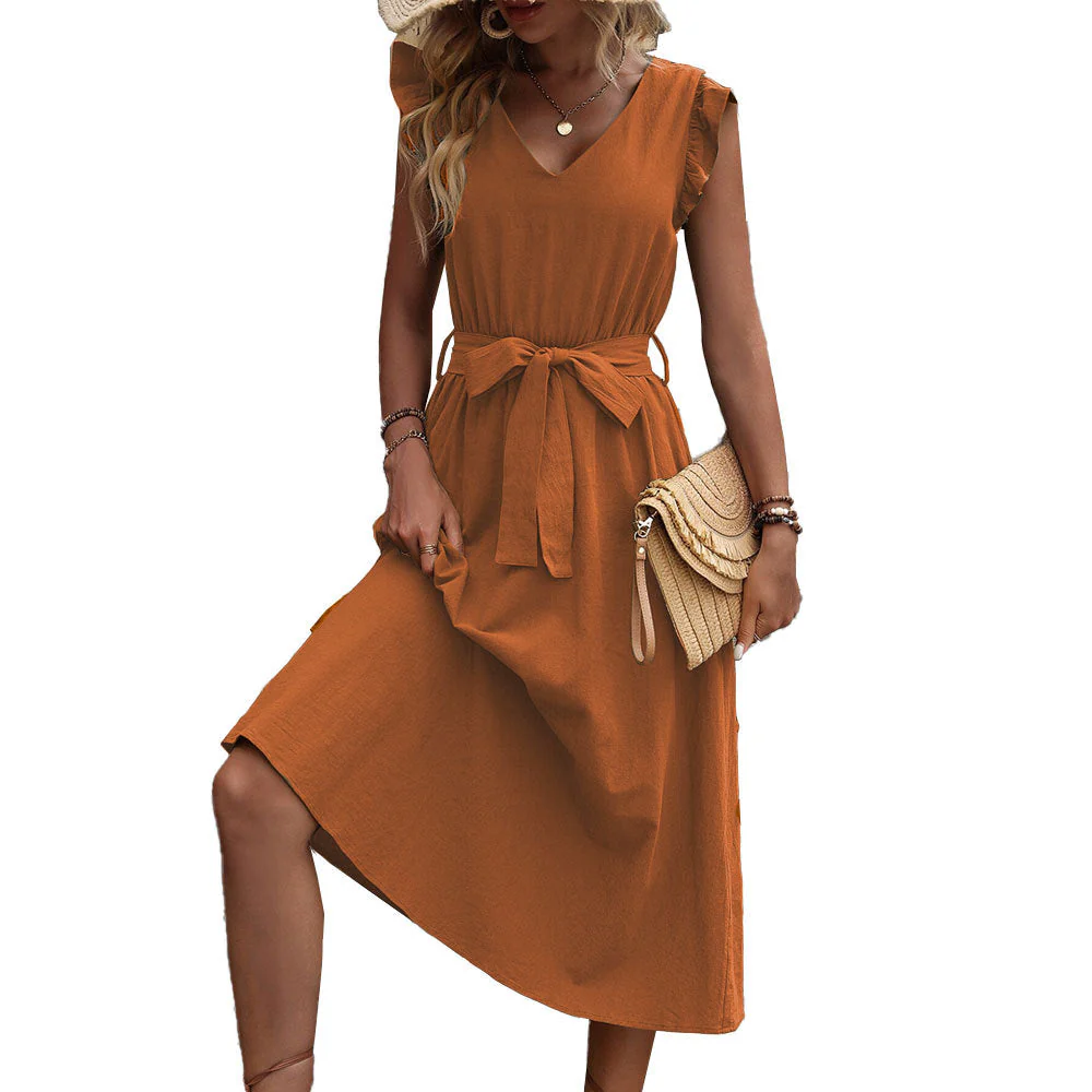 Damen Midi-Kleid mit Rüschendetails und Tailliertem Bindegürtel Heidi-Mode - Image 5
