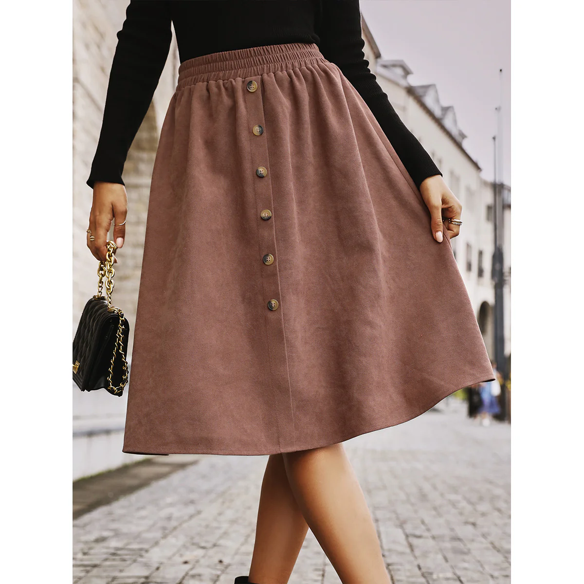 Damen Midi-Suede-Rock mit Knopfdetails Heidi Mode - Image 2
