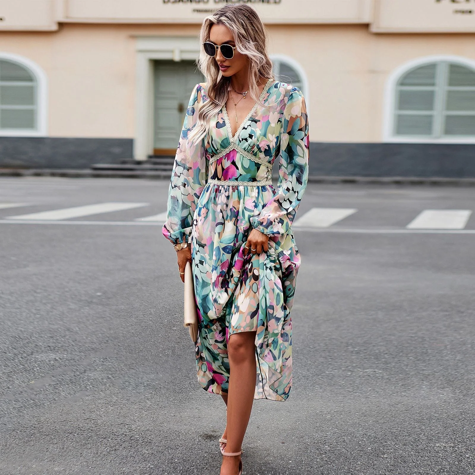 Damen Midikleid mit Asymmetrischer Besatz und Tiefem V-Ausschnitt Heidi-Mode - Image 6
