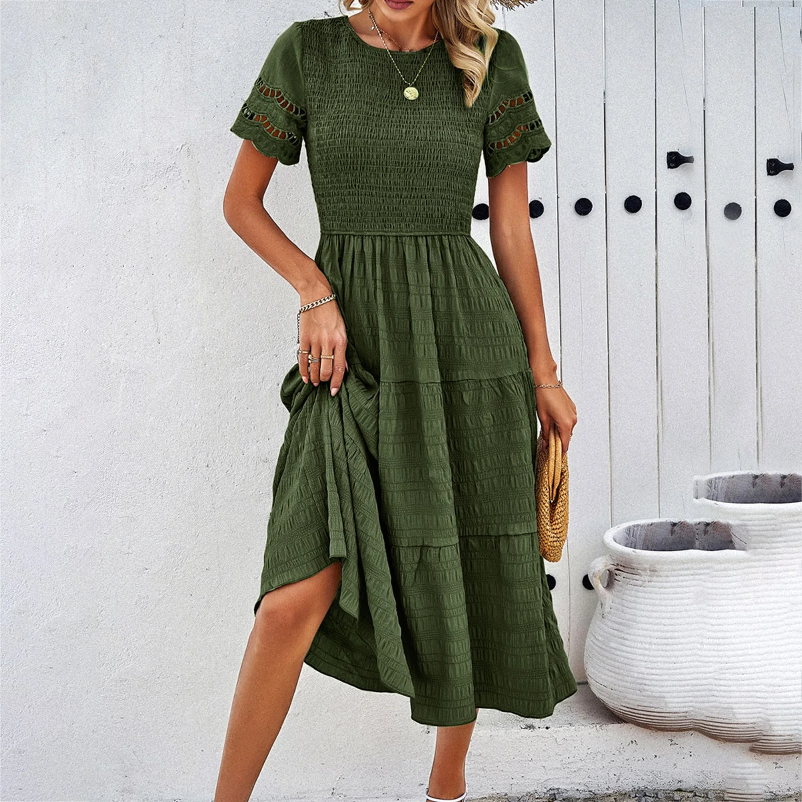 Damen Midikleid mit Puffärmeln und Elastischem Oberteil Heidi-Mode - Image 3