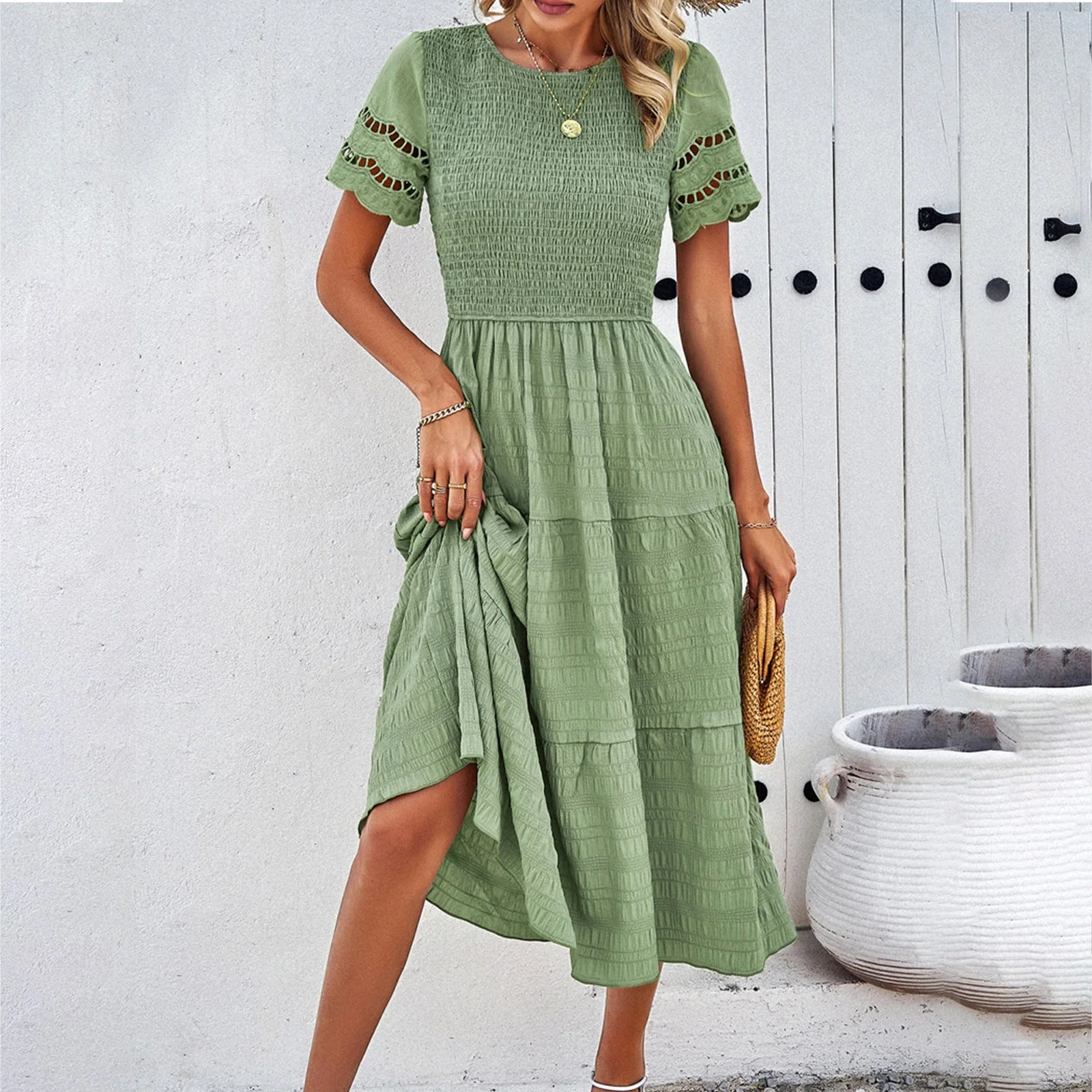 Damen Midikleid mit Puffärmeln und Elastischem Oberteil Heidi-Mode - Image 4