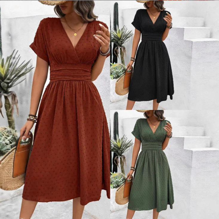 Damen Midikleid mit V-Ausschnitt und Taillenakzent Heidi-Mode