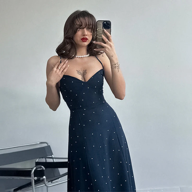 Damen Midikleid mit Zarten Spaghetti-Trägern und Punktuellem Design Heidi-Mode