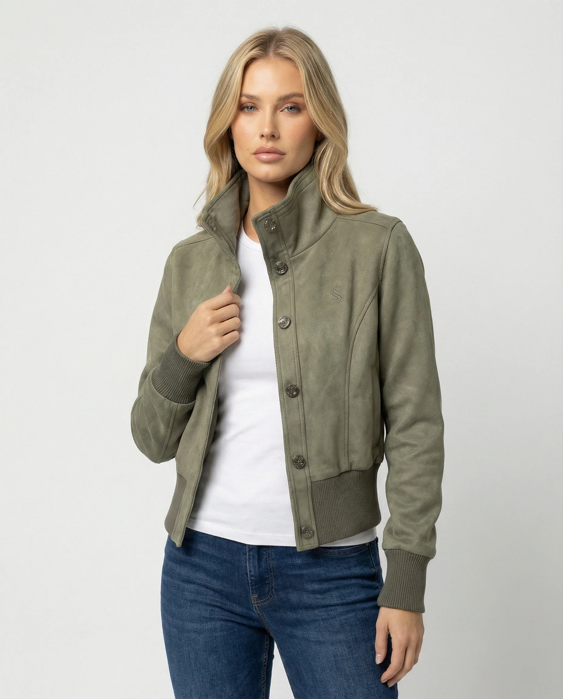 Damen Mode kaufen kurze Wildlederoptik Bomberjacke mit hohem Stehkragen und Rippbündchen Heidi-Mode