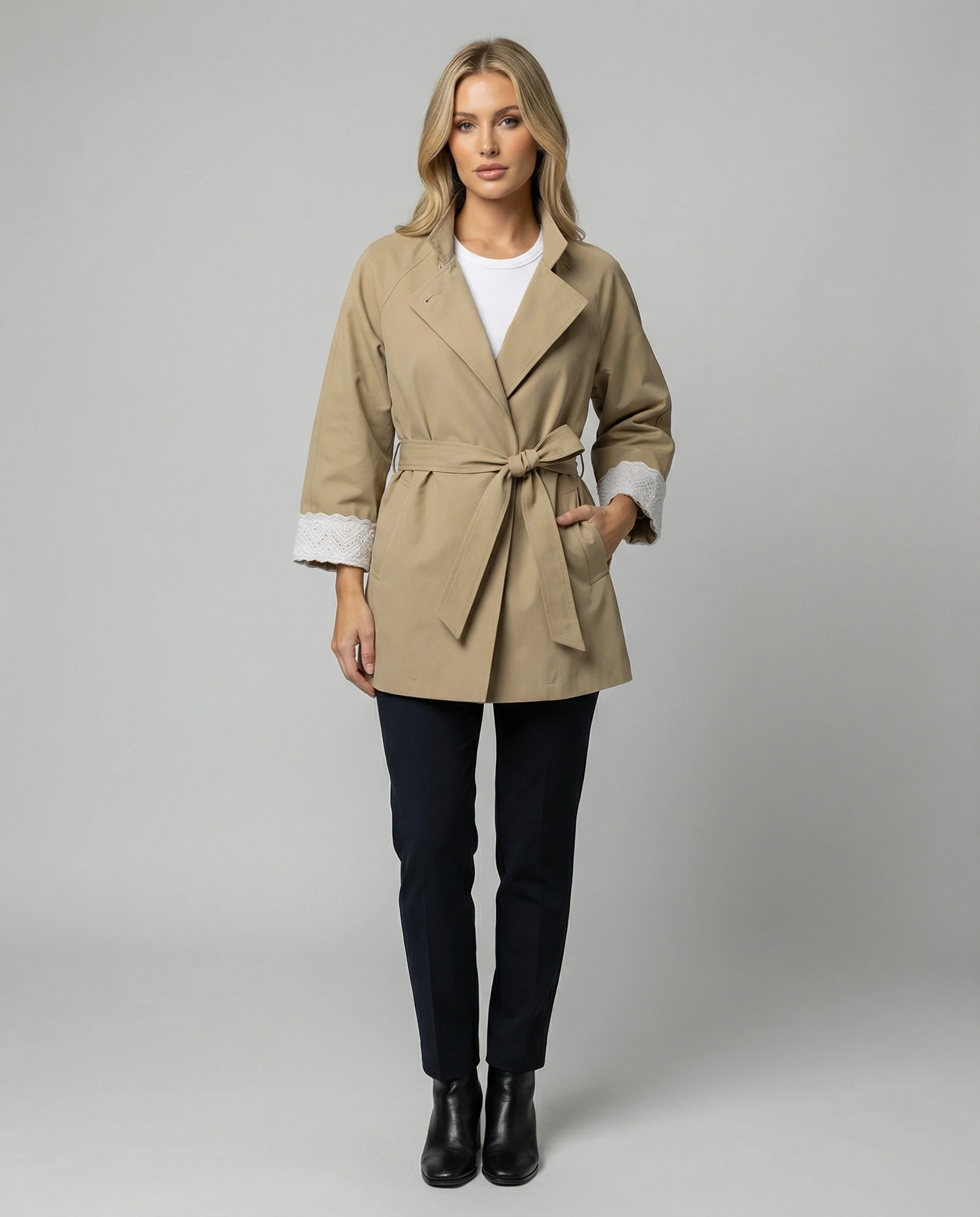 Damen Mode online taillierter Trenchcoat mit Stehkragen und Spitzenmanschetten Heidi-Mode - Image 3