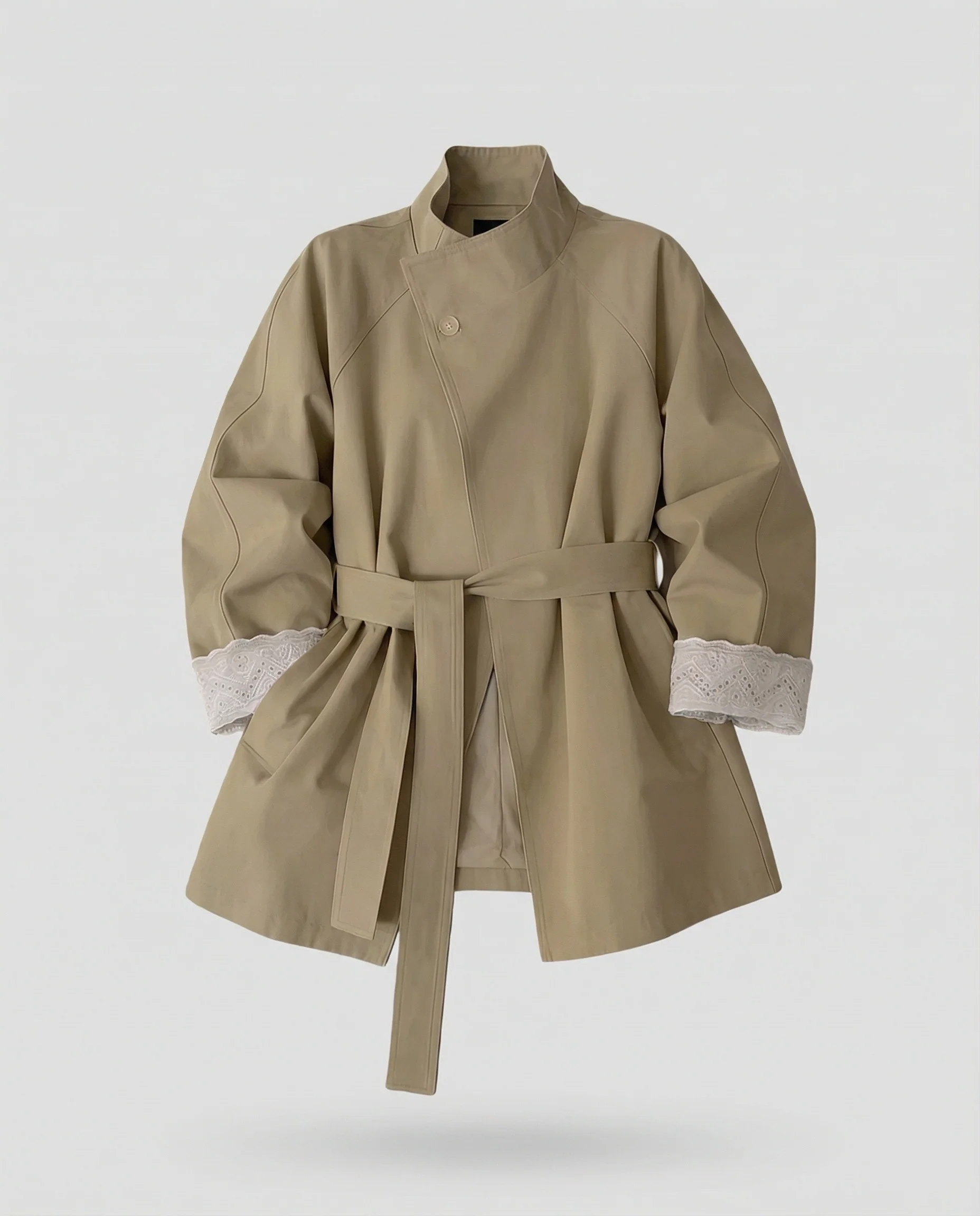 Damen Mode online taillierter Trenchcoat mit Stehkragen und Spitzenmanschetten Heidi-Mode - Image 5