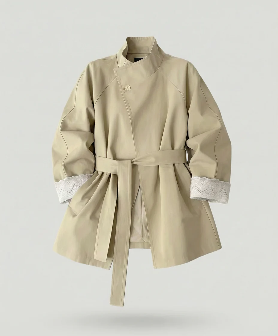 Damen Mode online taillierter Trenchcoat mit Stehkragen und Spitzenmanschetten Heidi-Mode - Image 6