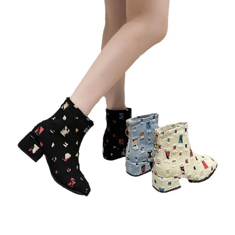 Damen Modische Ankle-Boots mit Kreativem Geometrie-Druck und Elegantem Reißverschluss Heidi-Mode - Image 6