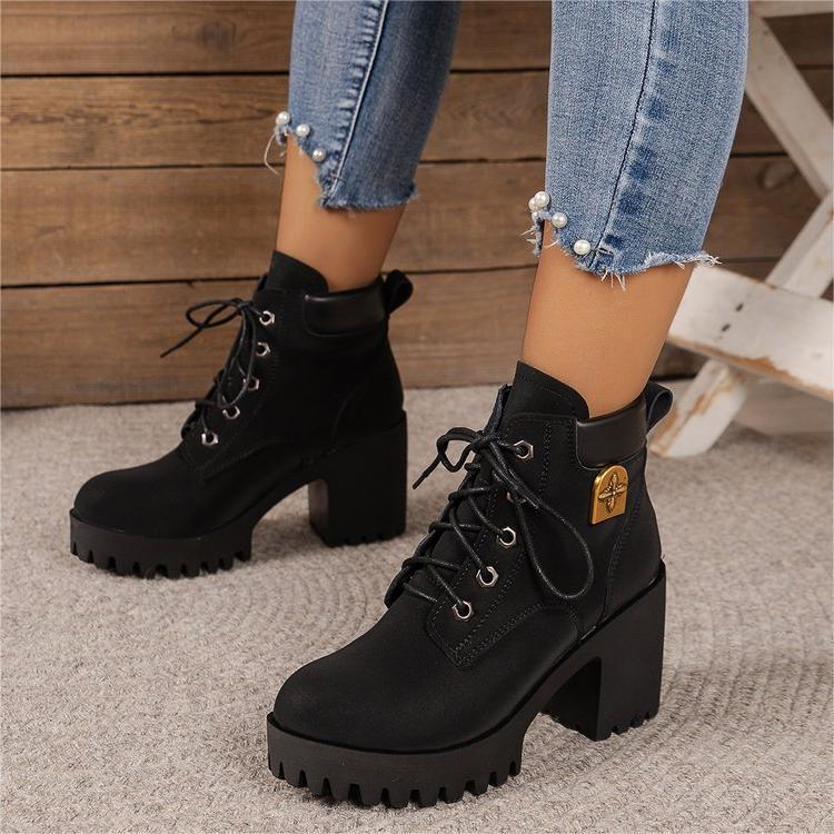 Damen modische Ankle Boots mit robustem Blockabsatz und elegantem Schnürdesign Heidi Mode