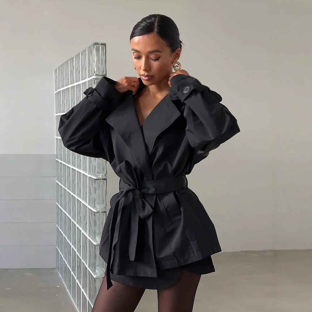 Damen Modische Kurztrenchjacke mit Taillenknoten und großzügigen Taschen Heidi-Mode - Image 4