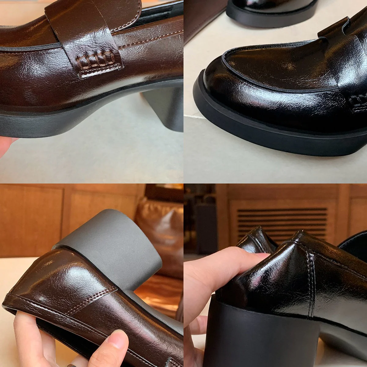 Damen modische Loafers mit glänzender Oberfläche und komfortablem Blockabsatz Heidi Mode - Image 2