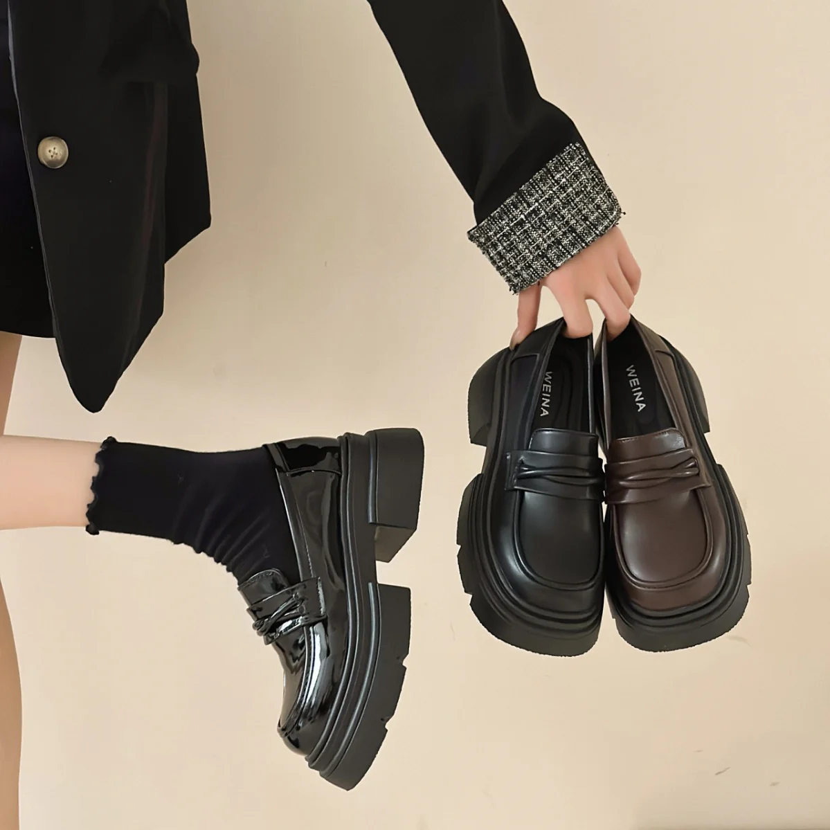 Damen Modische Loafers mit glänzender Oberfläche und robustem Plateau Heidi Mode - Image 3