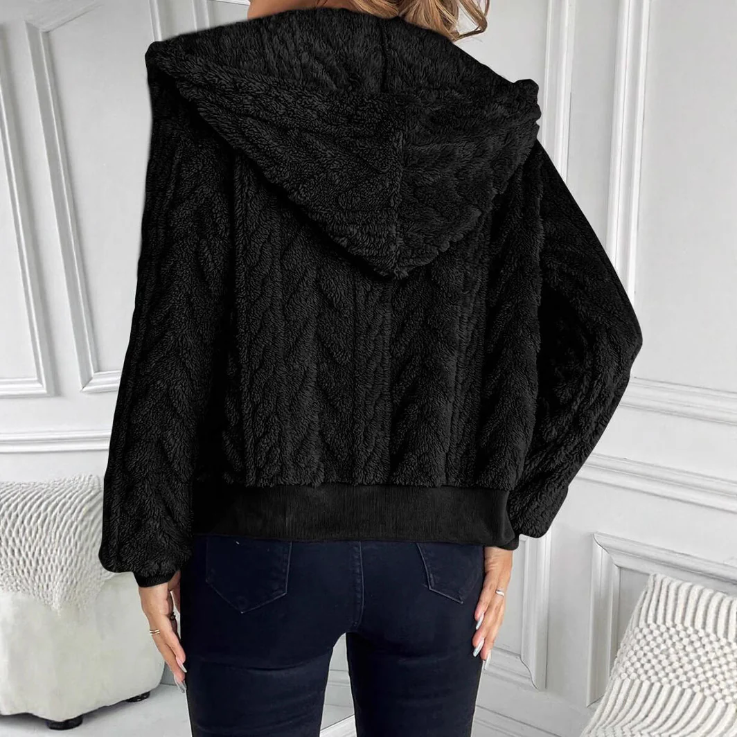 Damen modische Plüschjacke mit Kapuze und gerippten Bündchen Heidi-Mode - Image 2