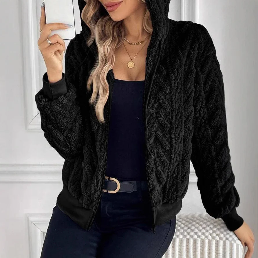 Damen modische Plüschjacke mit Kapuze und gerippten Bündchen Heidi-Mode - Image 3
