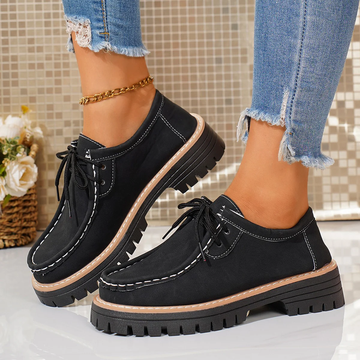 Damen modische Schnürschuhe mit robustem Profil und feinem Lederobermaterial Heidi Mode - Image 2