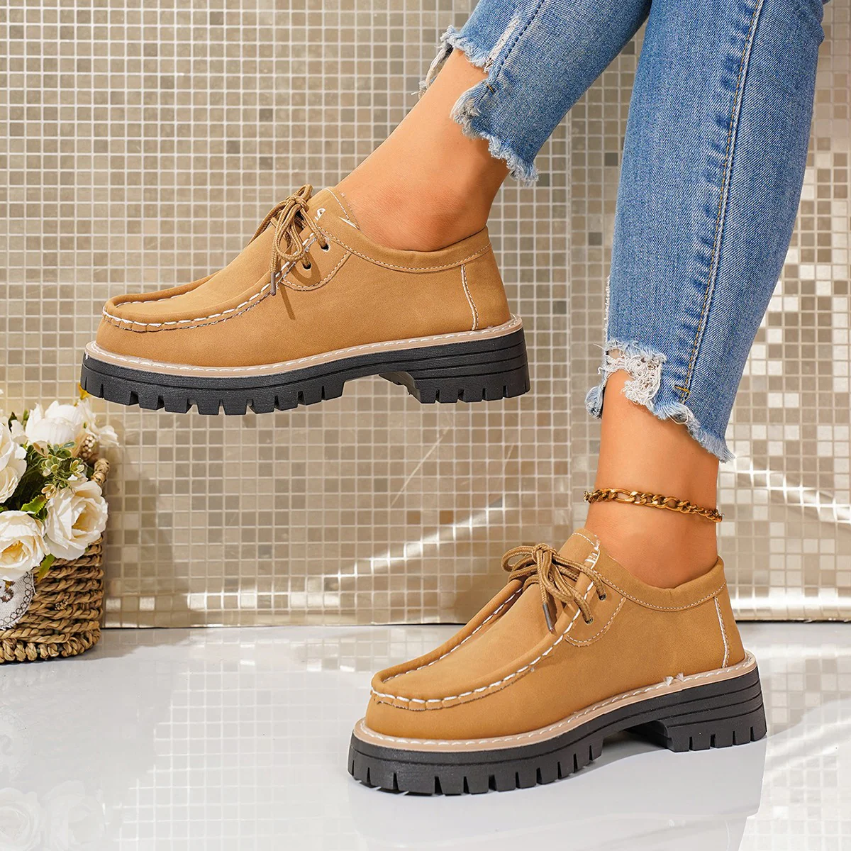 Damen modische Schnürschuhe mit robustem Profil und feinem Lederobermaterial Heidi Mode - Image 3