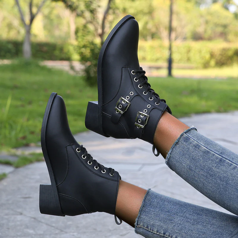 Damen modische Schnürstiefeletten mit praktischen Schnallen und robustem Absatz Heidi Mode - Image 3