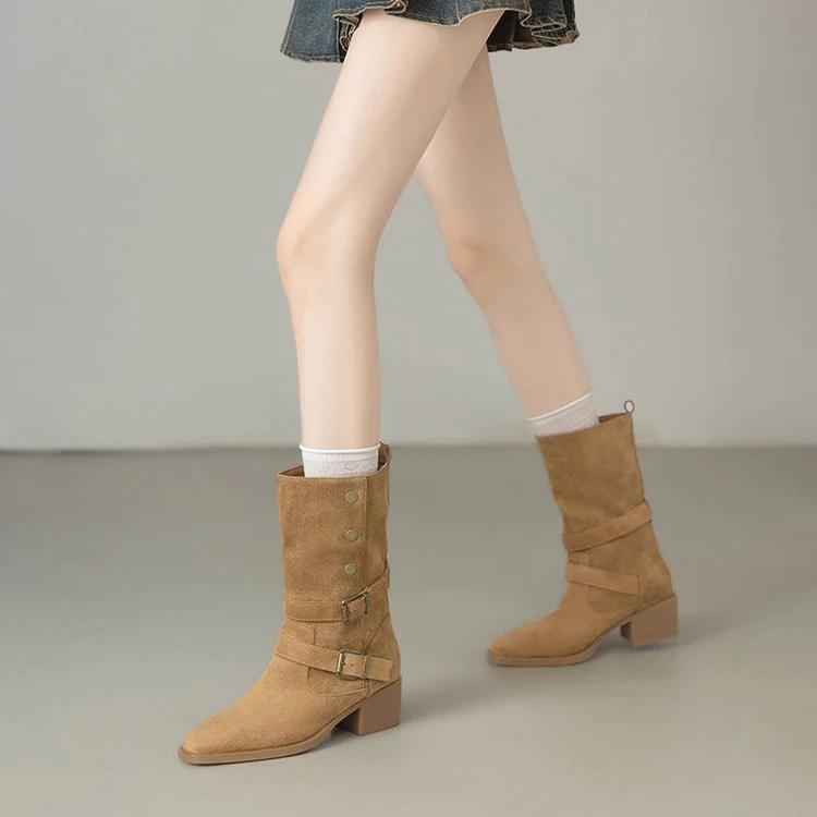 Damen Modische Stiefel mit auffälligem Schnallen-Design und bequemem Blockabsatz Heidi Mode - Image 3