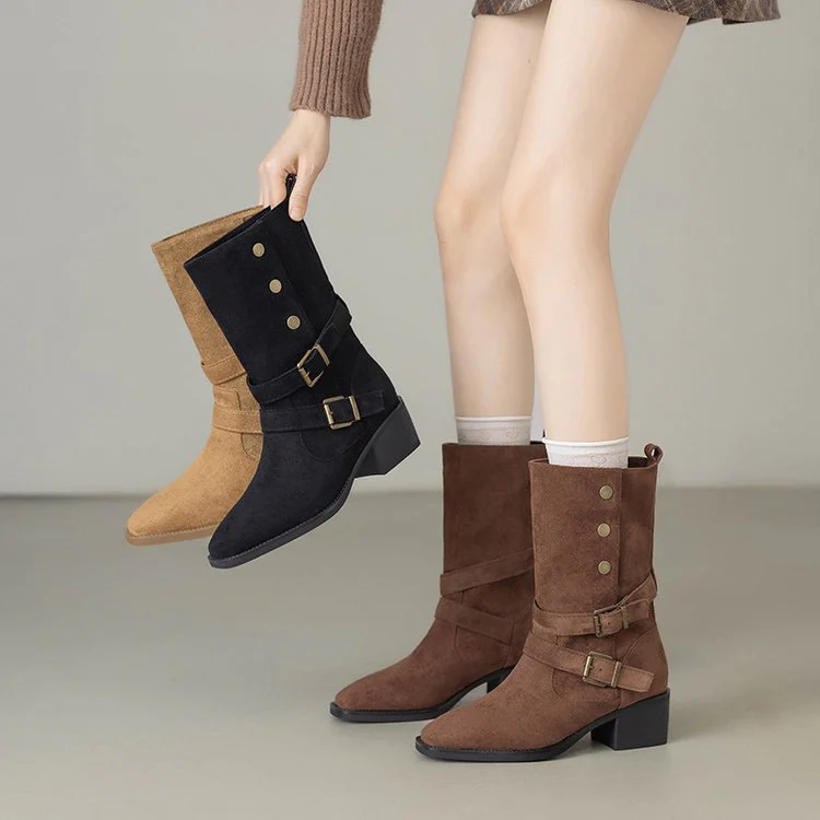 Damen Modische Stiefel mit auffälligem Schnallen-Design und bequemem Blockabsatz Heidi Mode - Image 4