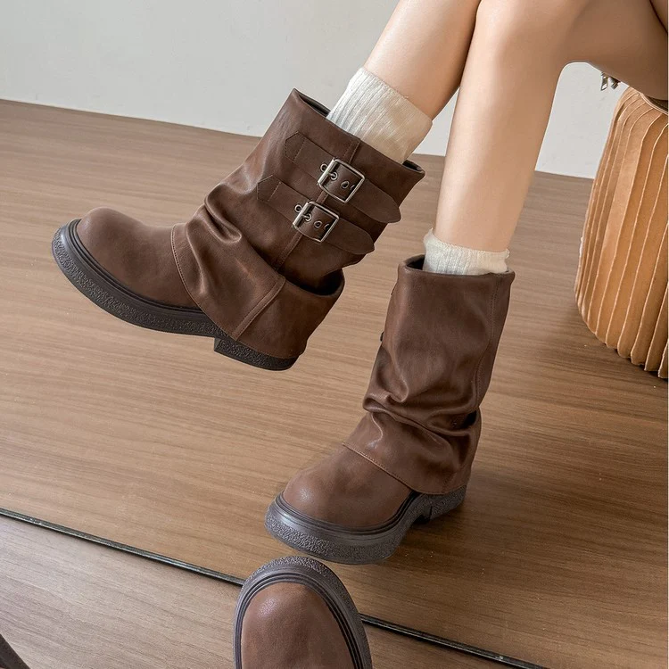 Damen modische Winterstiefel mit modischem Falten-Design und dekorativen Schnallen Heidi Mode - Image 2