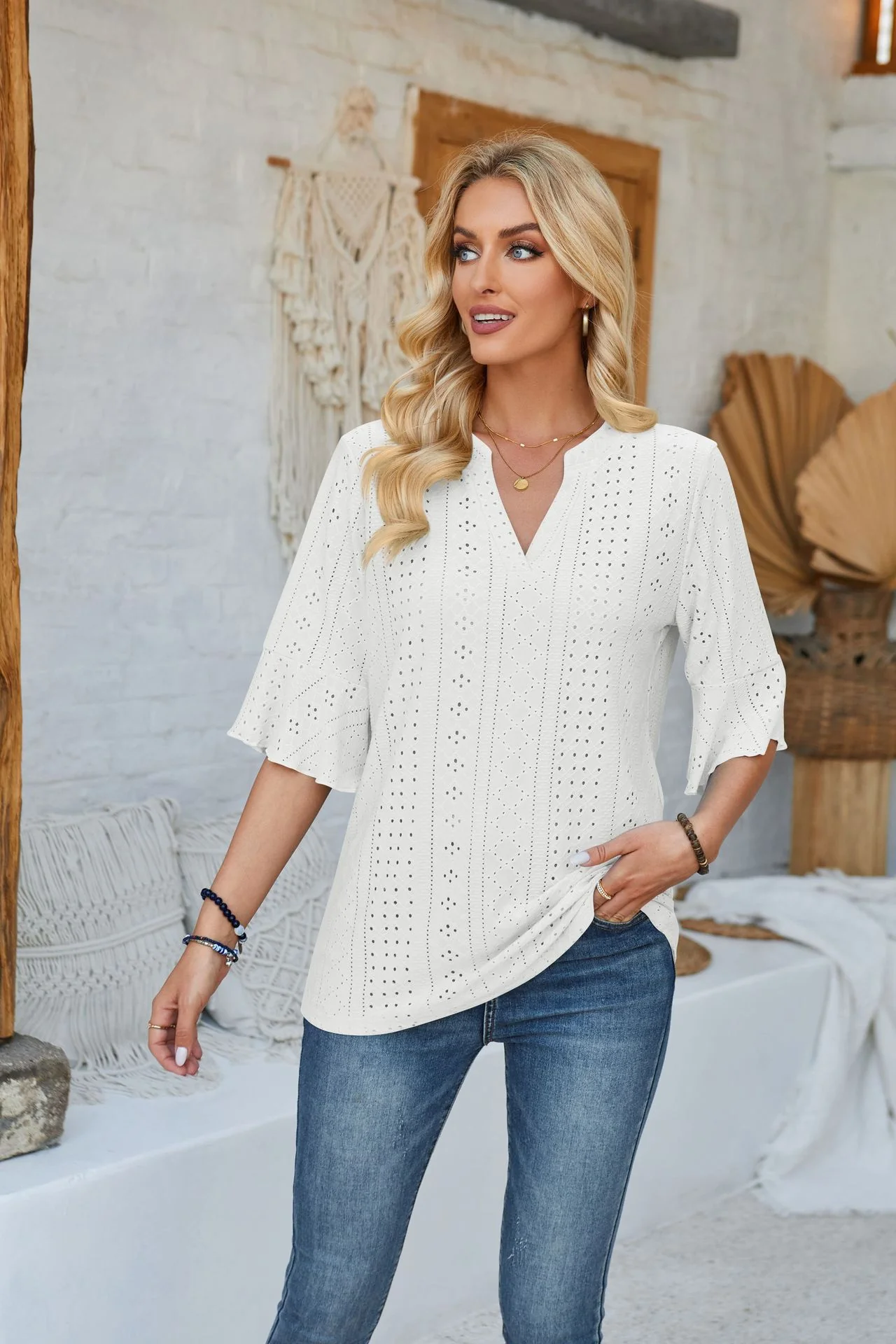 Damen modisches Oberteil mit durchbrochenem Design und Volantärmeln Heidi-Mode - Image 4