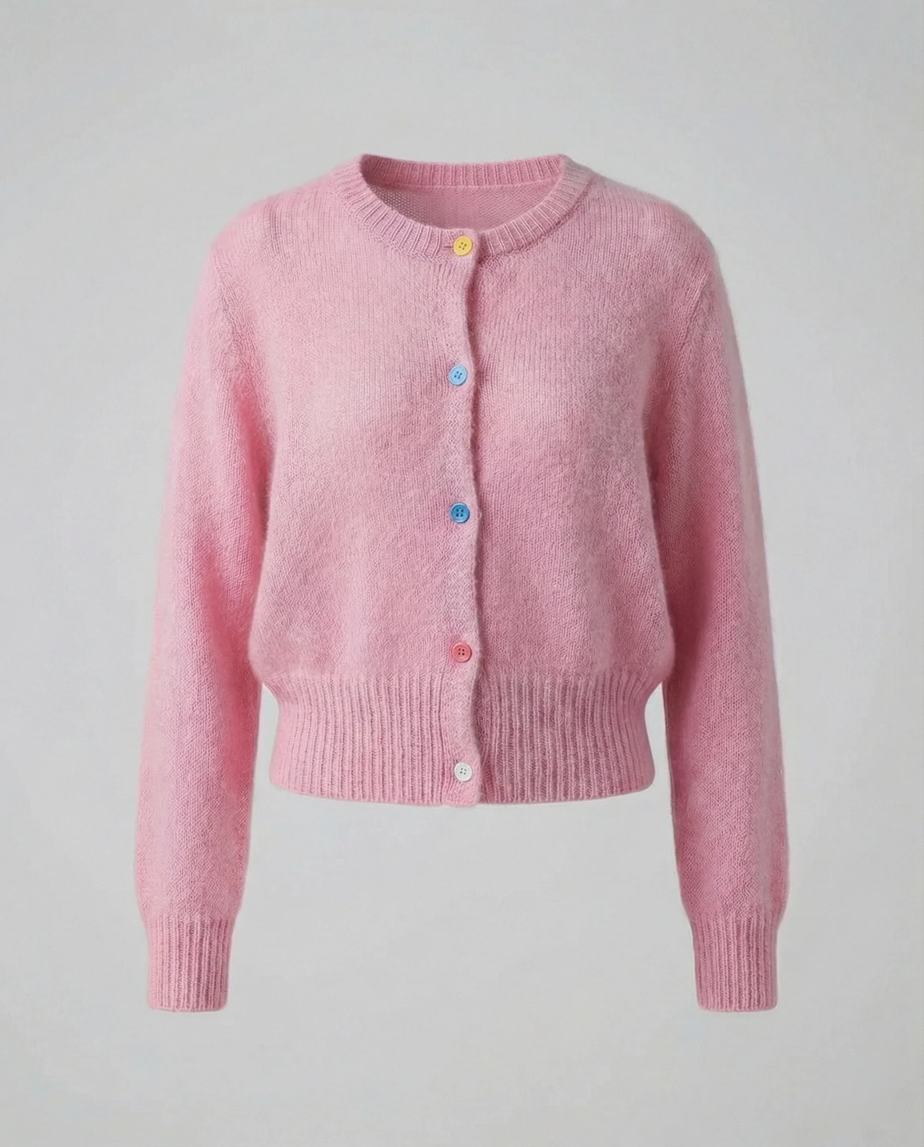 Damen Mohairoptik Kurzstrickjacke mit tailliertem Rippsaum und bunten Zierknöpfen Heidi-Mode - Image 6
