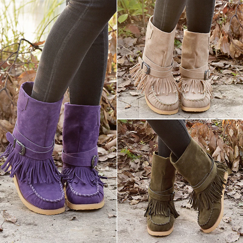 Damen Mokassin-Stiefel mit fransigen Details und modischer Schnalle Heidi Mode