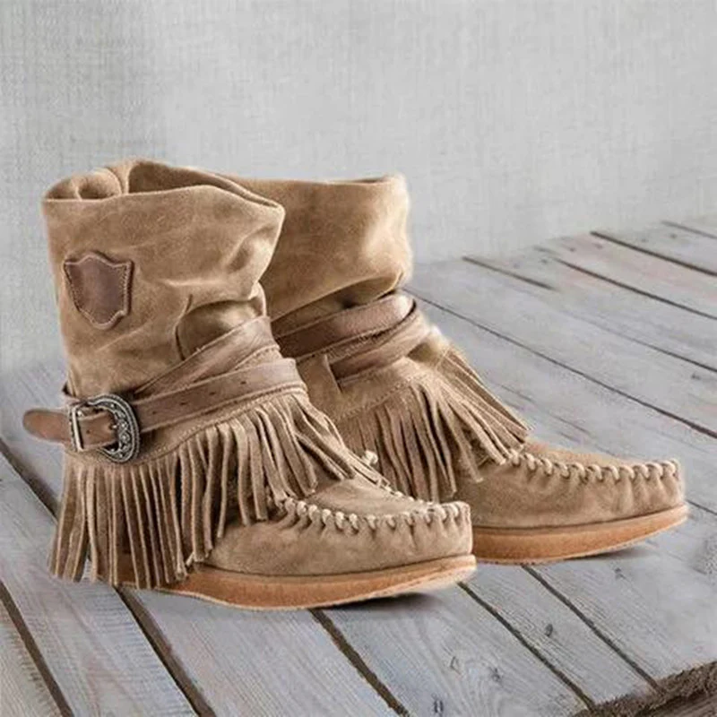 Damen Mokassin-Stiefel mit fransigen Details und modischer Schnalle Heidi Mode - Image 10
