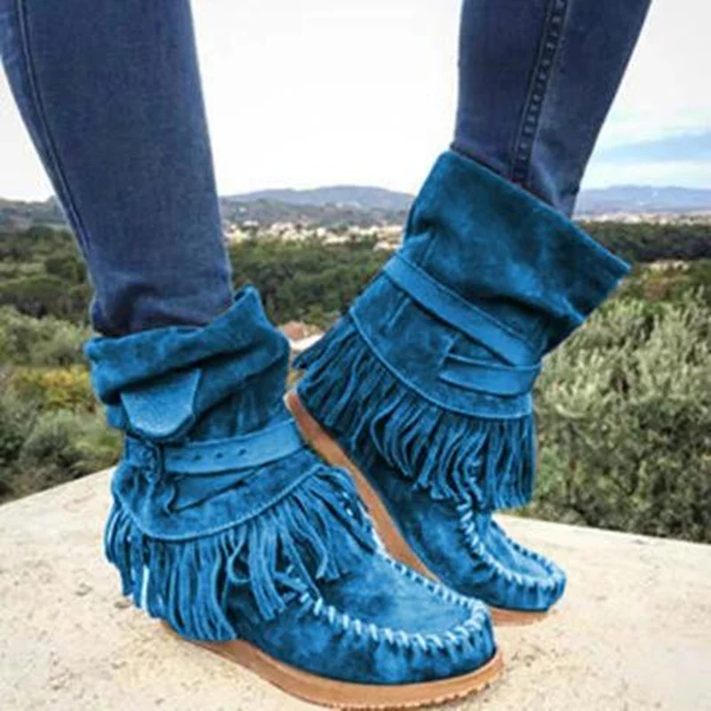 Damen Mokassin-Stiefel mit fransigen Details und modischer Schnalle Heidi Mode - Image 4