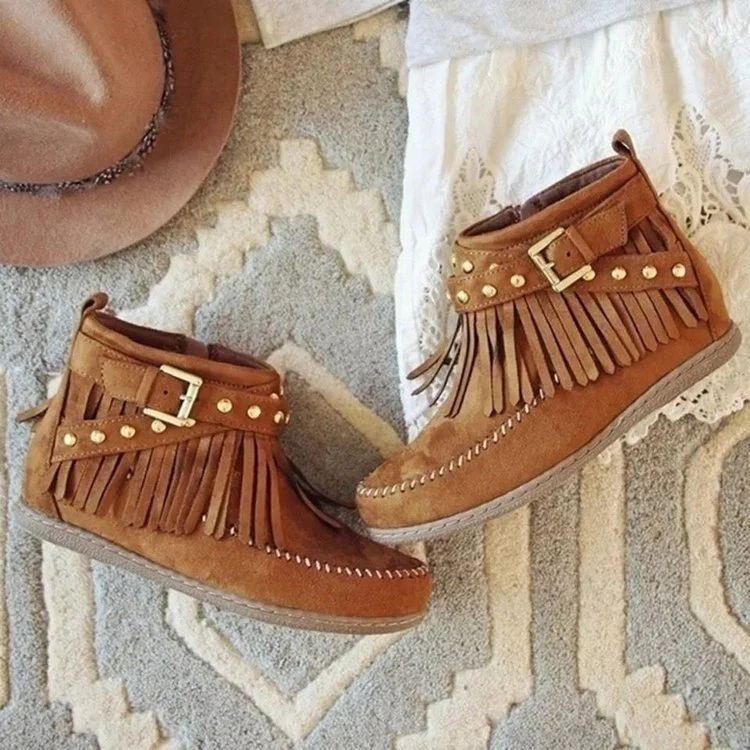 Damen Mokassin Stiefeletten mit modischen Fransen und dekorativen Nieten Heidi Mode - Image 3