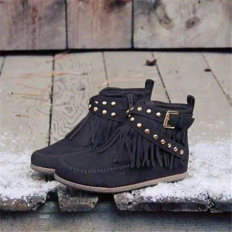 Damen Mokassin Stiefeletten mit modischen Fransen und dekorativen Nieten Heidi Mode - Image 6