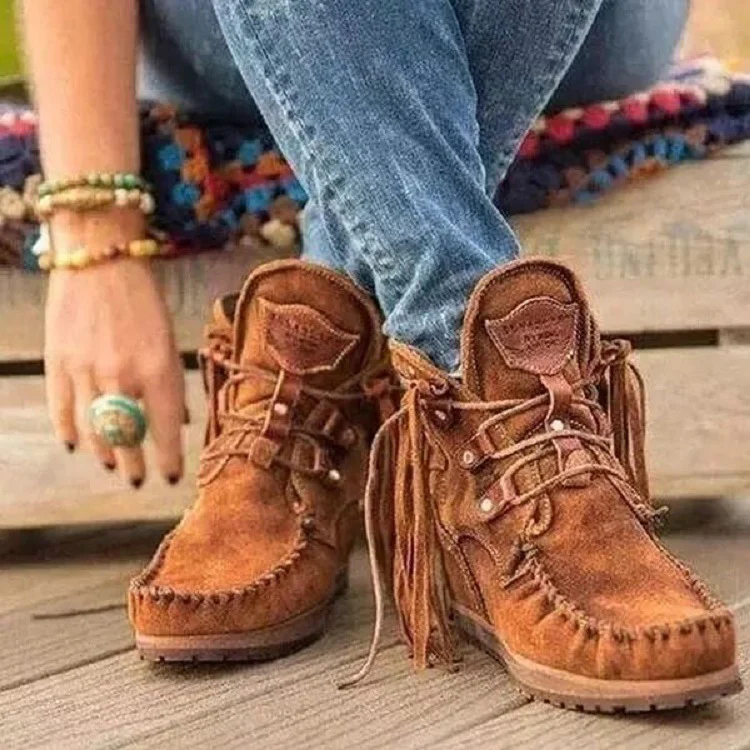 Damen Mokassinstiefel mit modischen Fransen und dekorativen Nähte Heidi Mode - Image 5