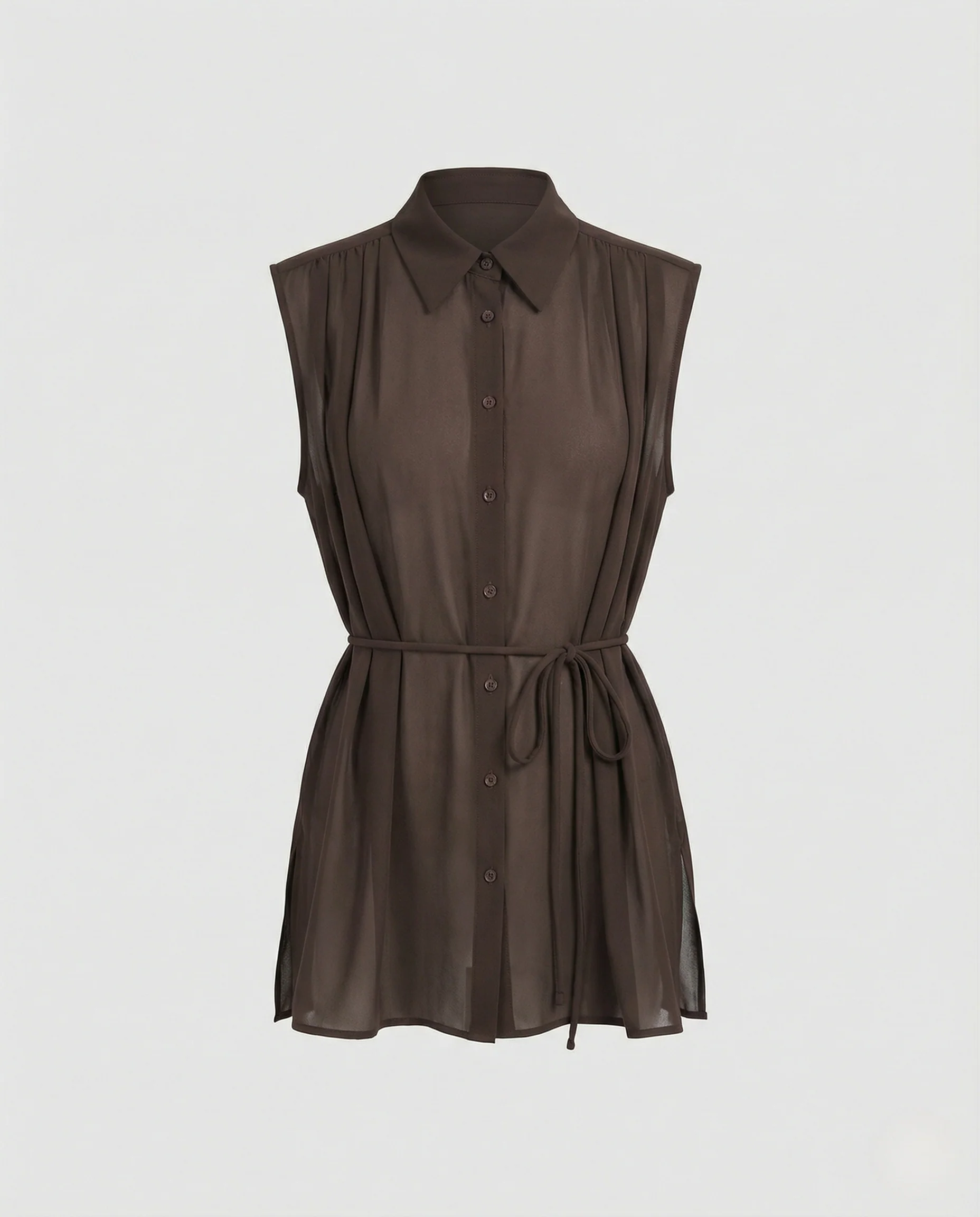 Damen Lange Ärmellose Chiffonbluse mit Hemdkragen - Image 5