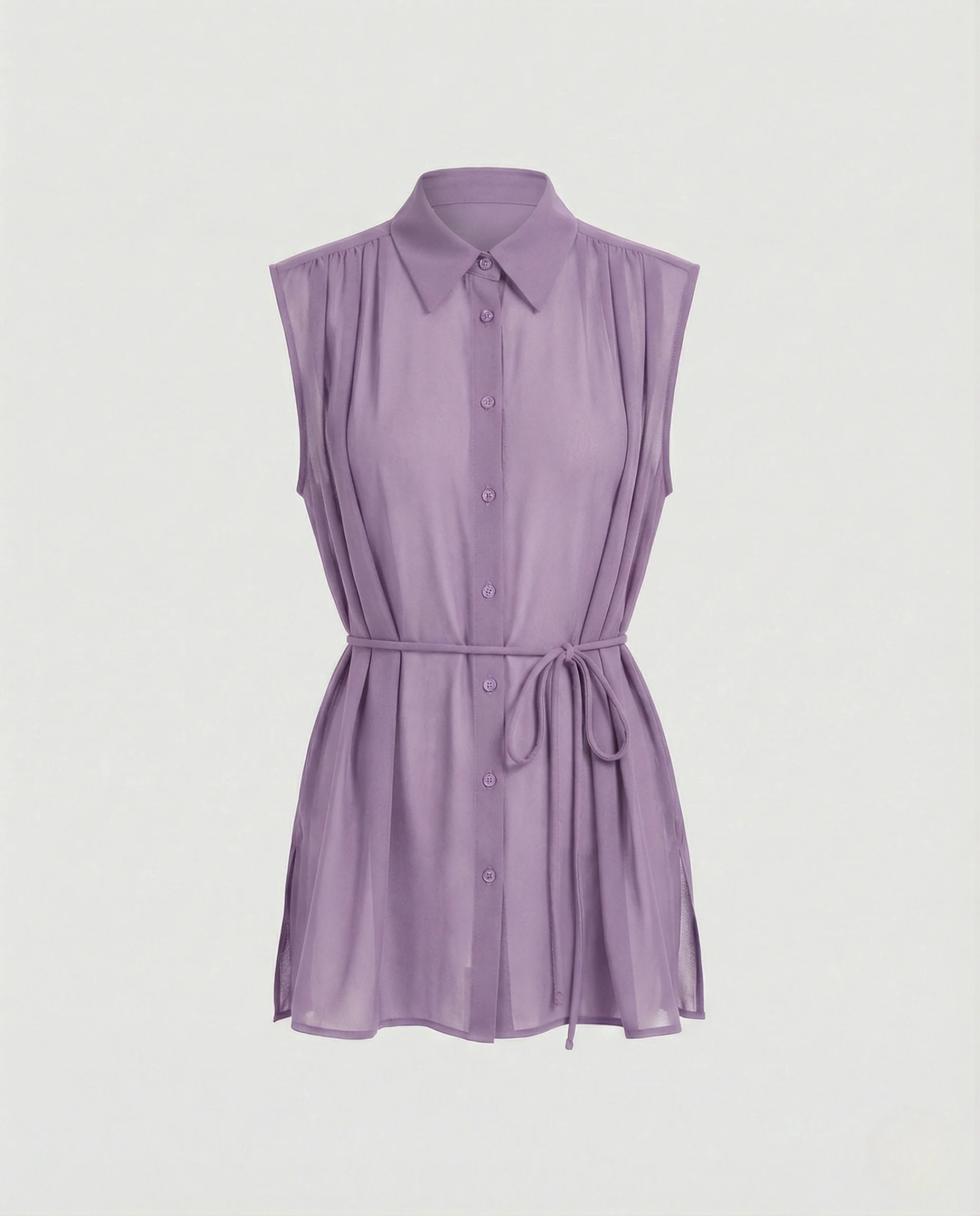 Damen Lange Ärmellose Chiffonbluse mit Hemdkragen - Image 6