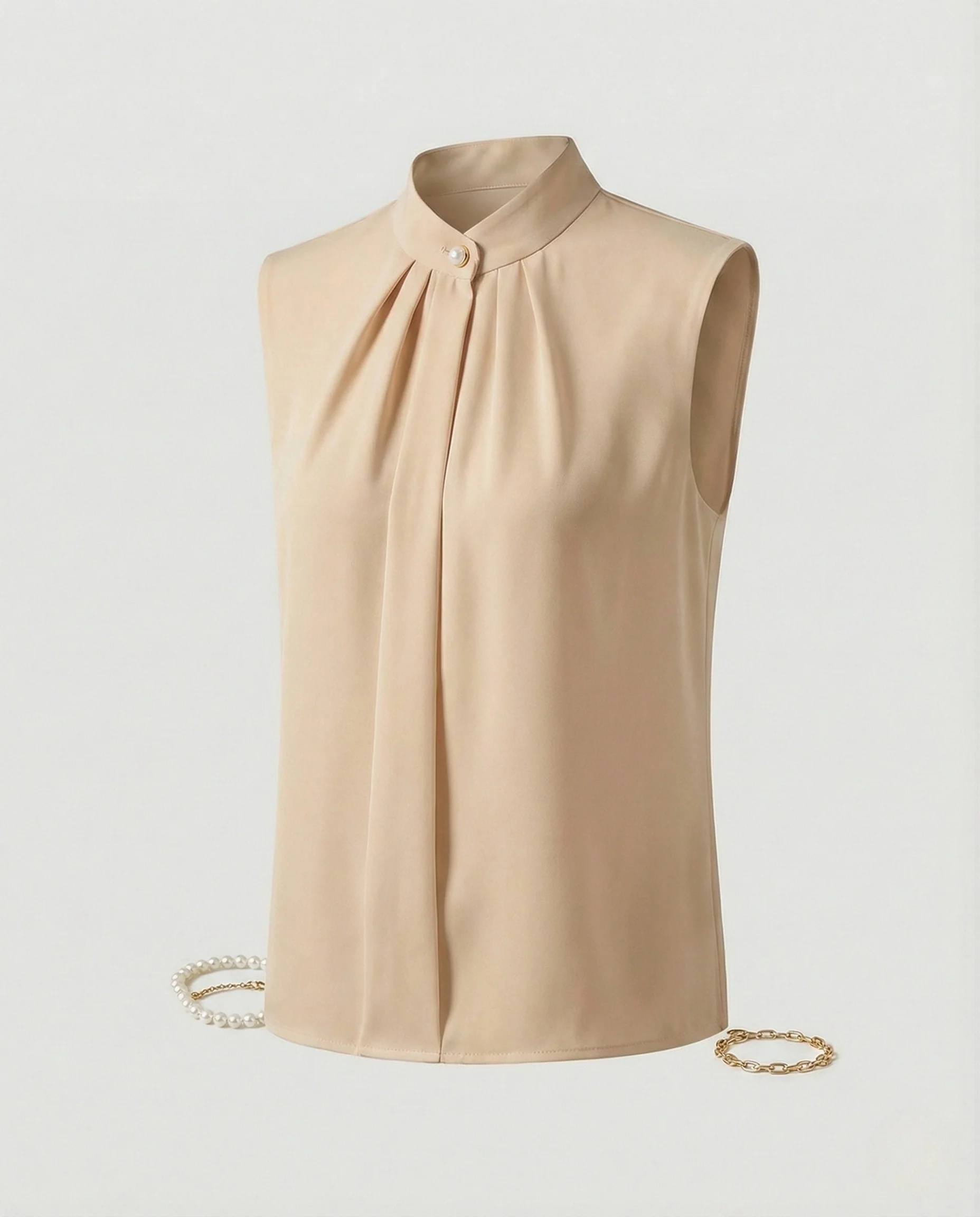 Damen Ärmellose Stehkragenbluse mit Falten - Image 6