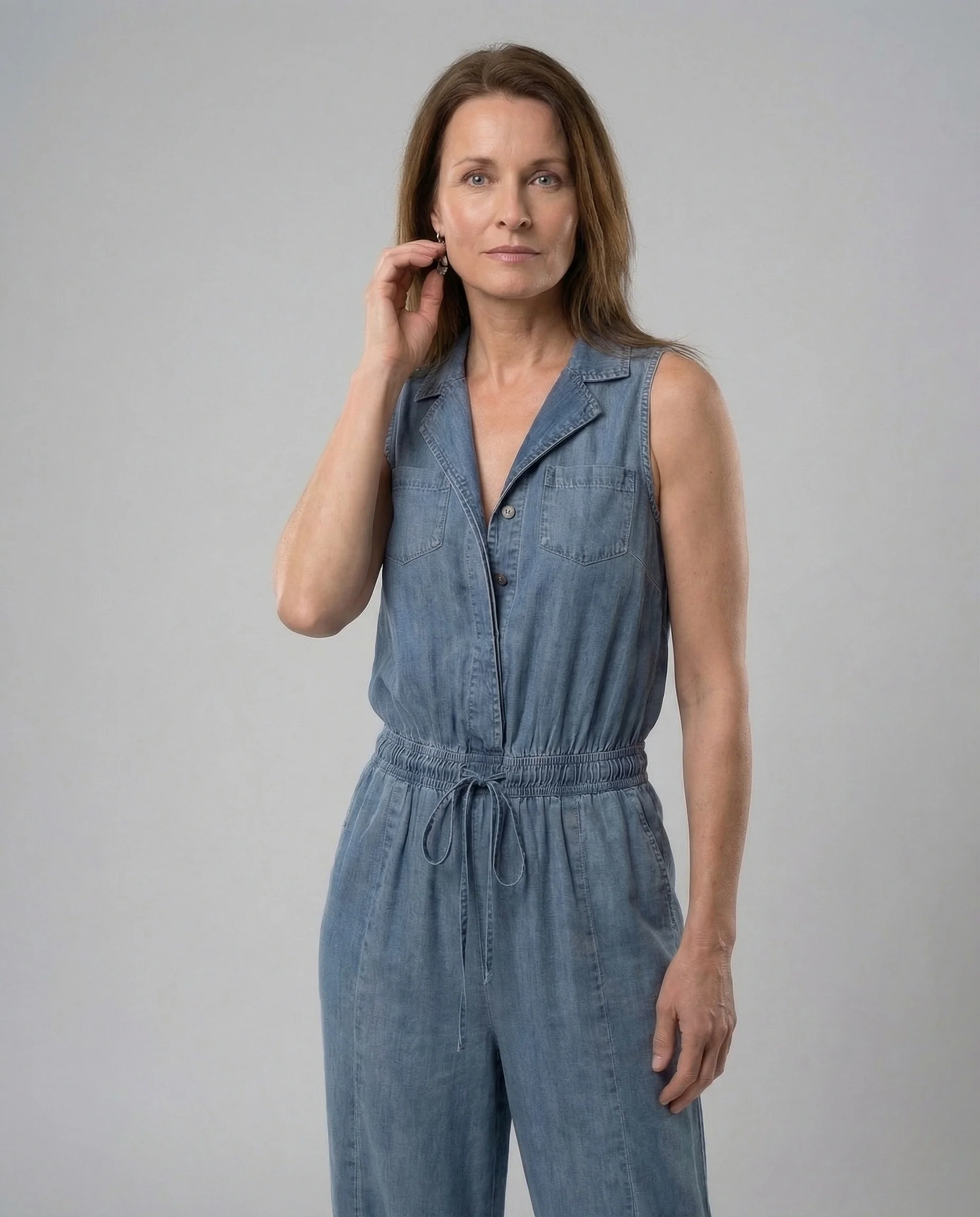 Damen ärmelloser Denim Jumpsuit mit Hemdkragen & Kordelbund Wide Leg - Image 2