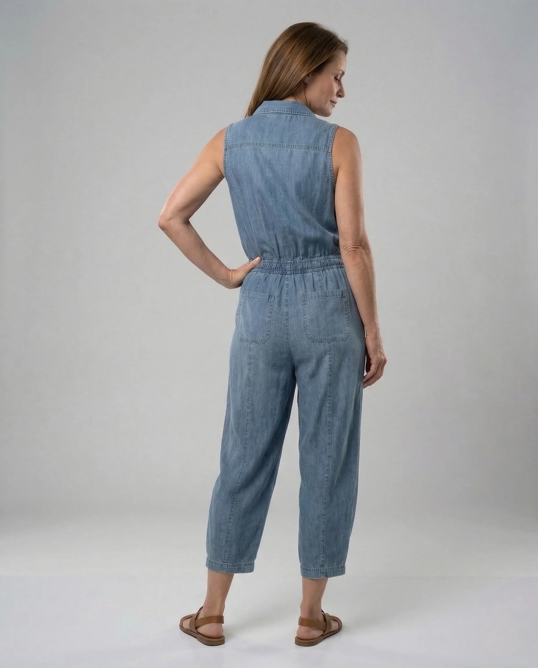 Damen ärmelloser Denim Jumpsuit mit Hemdkragen & Kordelbund Wide Leg - Image 4