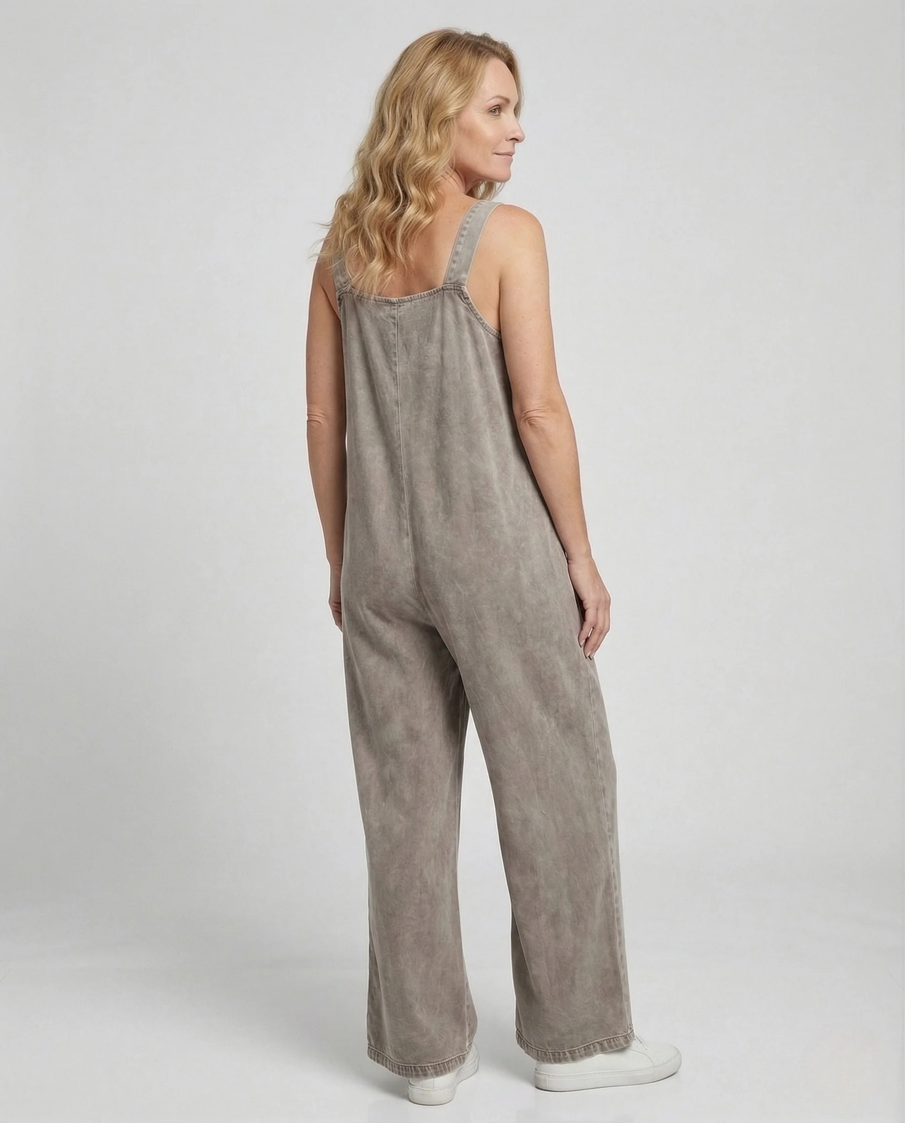 Damen Palazzo Jumpsuit ärmellos mit V-Ausschnitt & Bindegürtel - Image 3