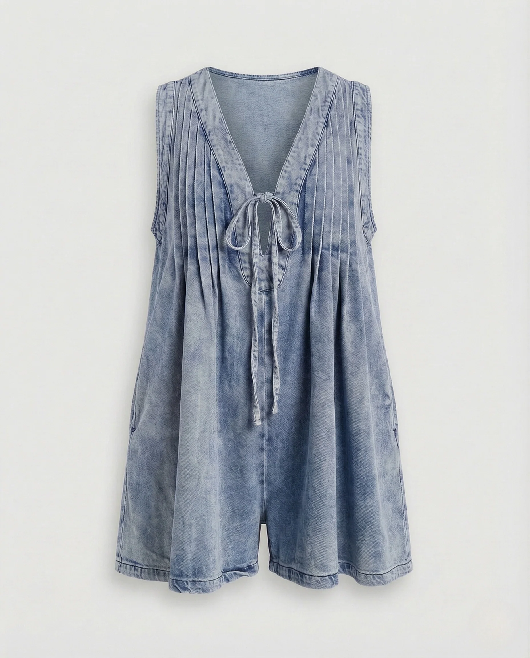 Damen ärmelloser Sommeroverall V-Ausschnitt Bindegürtel Taschen - Image 12