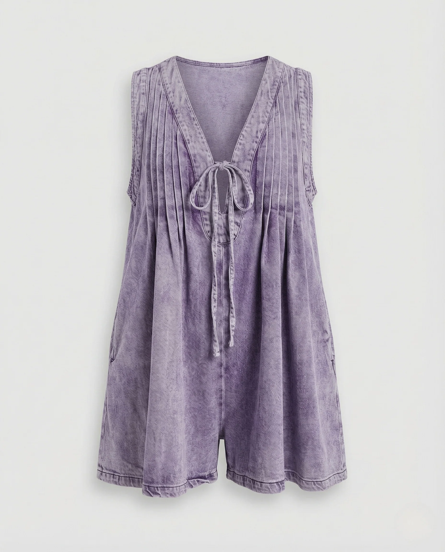 Damen ärmelloser Sommeroverall V-Ausschnitt Bindegürtel Taschen - Image 5
