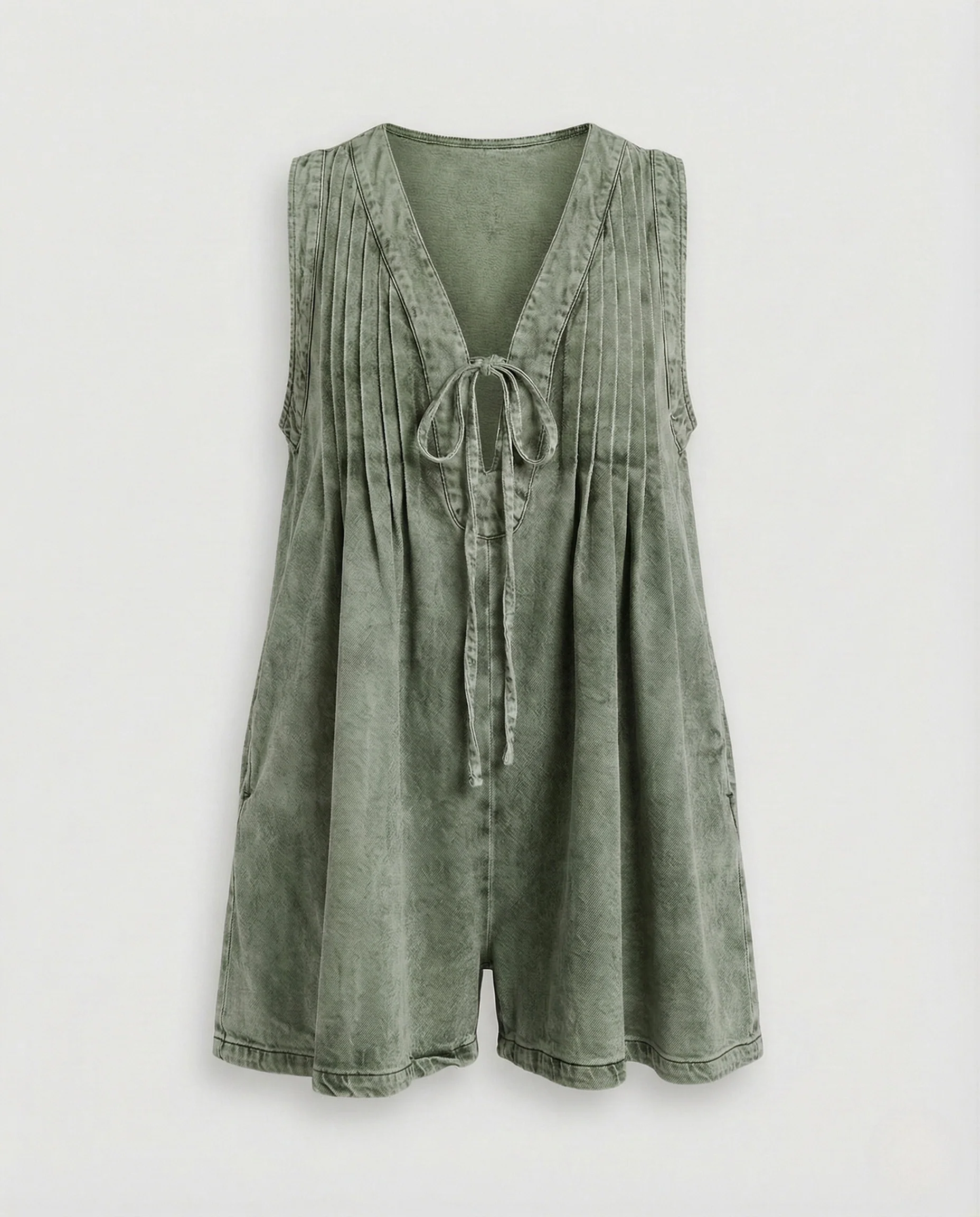 Damen ärmelloser Sommeroverall V-Ausschnitt Bindegürtel Taschen - Image 6